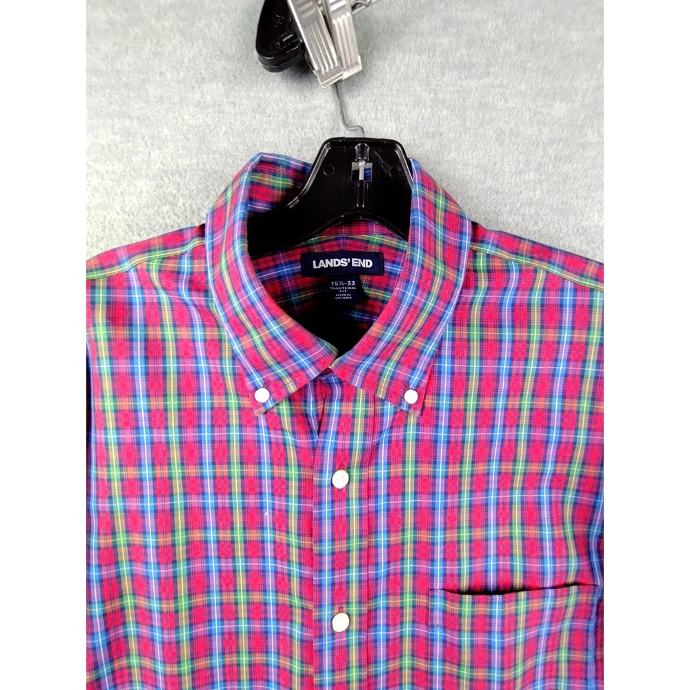Lands End Mens Shirt Medium Red Plaid Button Up Casual Dress Holiday Cabincore